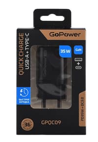 Сетевое З/У/ Сетевое З/У GoPower GPQC09 1USB+1Type-C 35W QC3.0 GAN черный - фото 2