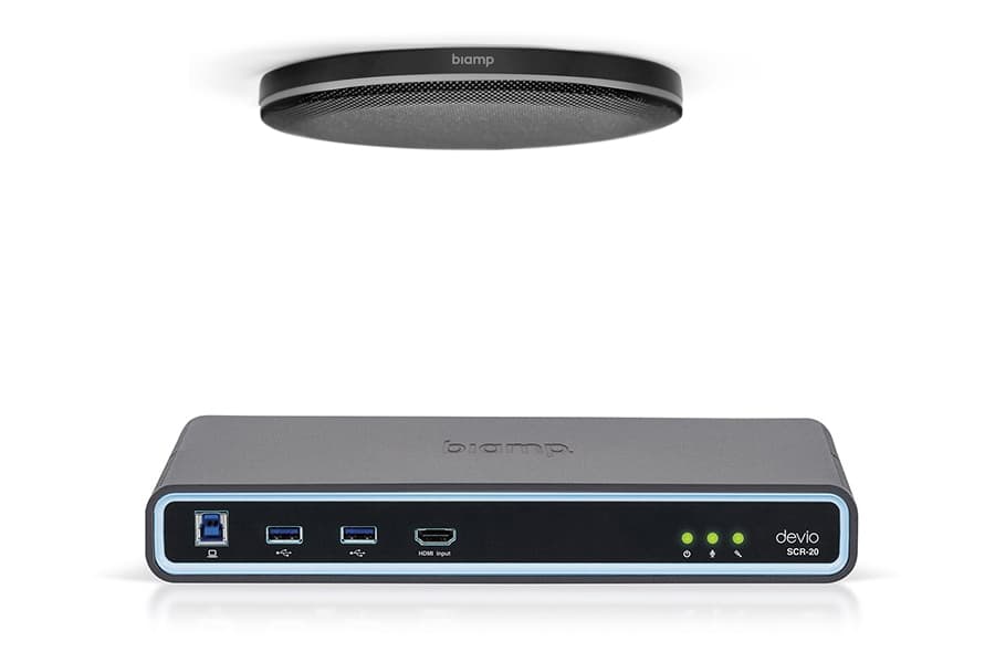 Микрофон с аудиопроцессором BIAMP [DevioSCR-20CX(BLACK)] В комплекте: аудиопроцессор (хаб) SCR-20 1 шт. + потолочный микрофон TСM-XEX 1 шт.: технология Beamtracking; 4 зоны по 90°; LED mute индикаторы; RJ45. Цвет:чёрный.