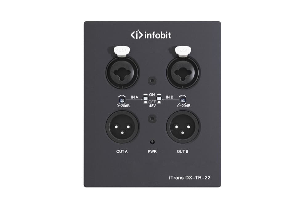 Конвертер Infobit [iTrans DX-TR-22] Dante - аналог. 2 аналоговых входа XLR(F), 2 аналоговых выхода XLR(M), 1xRJ45(Dante). Поддержка фантомного питания. Питание PoE