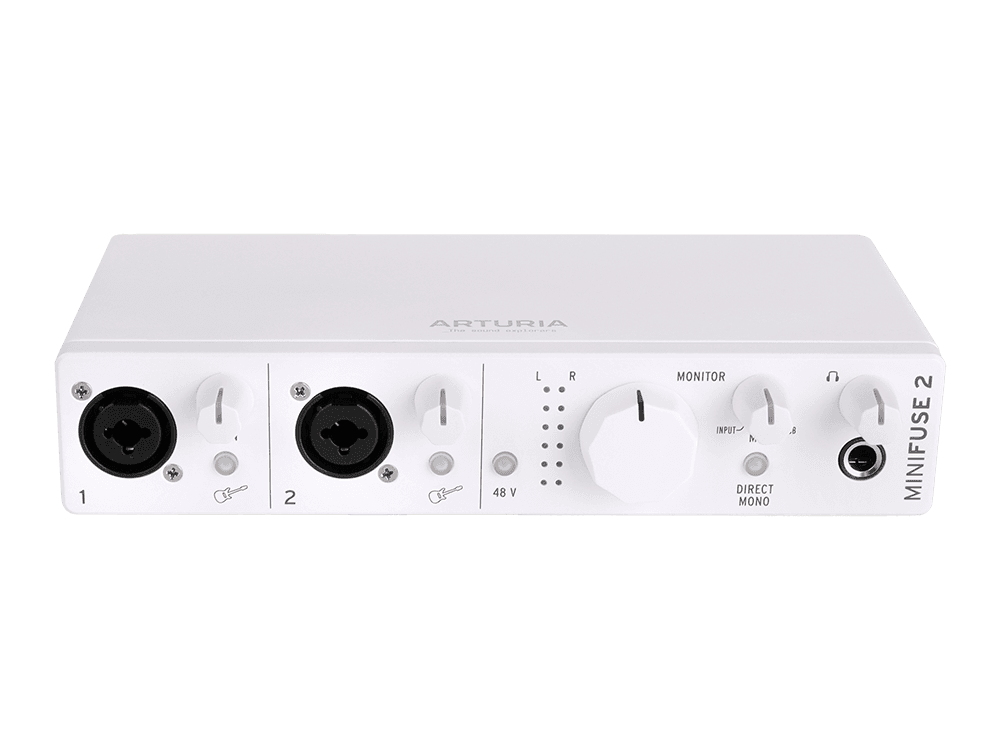 Аудиоинтерфейс USB [800112] Arturia [MiniFuse 2 White] 24бит/192кГц, два комбинированных входа XLR-1/4 (микрофонный / линейный / инструментальный уровень) с фантомным питанием +48 В, выходы на монитор (L/R Jack), выход для наушников, MIDI In/Out