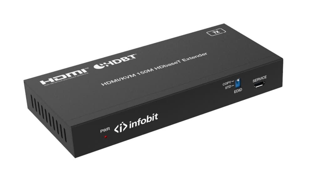 Удлинитель сигнала Infobit [E150SK] HDBaseT (Tx и Rx), HDMI 18,0 Гбит/с, 150 м для 1080p, 120 м для 4K/60 Гц., KVM, Двунаправленный ИК, POC, HDCP 2.2, Комплект.
