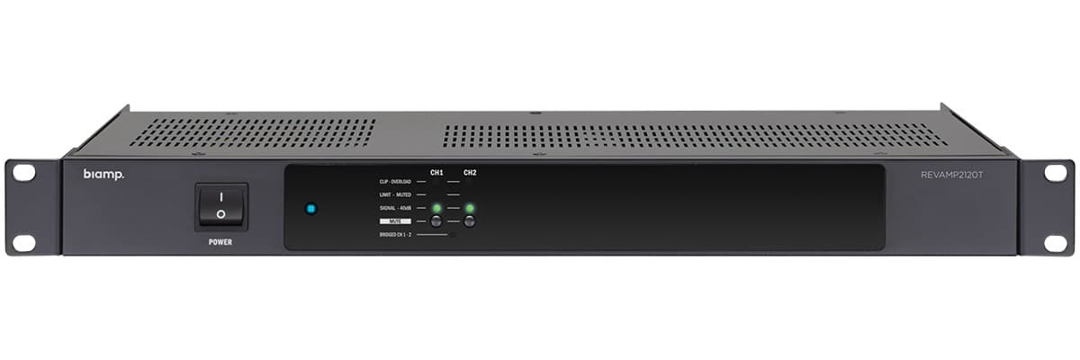 Усилитель BIAMP [REVAMP2120T] (APART) 2-канальный, трансляционный: 2х120Вт (4Ом/100В); 2х60Вт /8Ом. Bridge:120Вт/8Ом. Вх.: 2хRCA/2хEuroblock. Вых.:2xEuroblock. 1U.