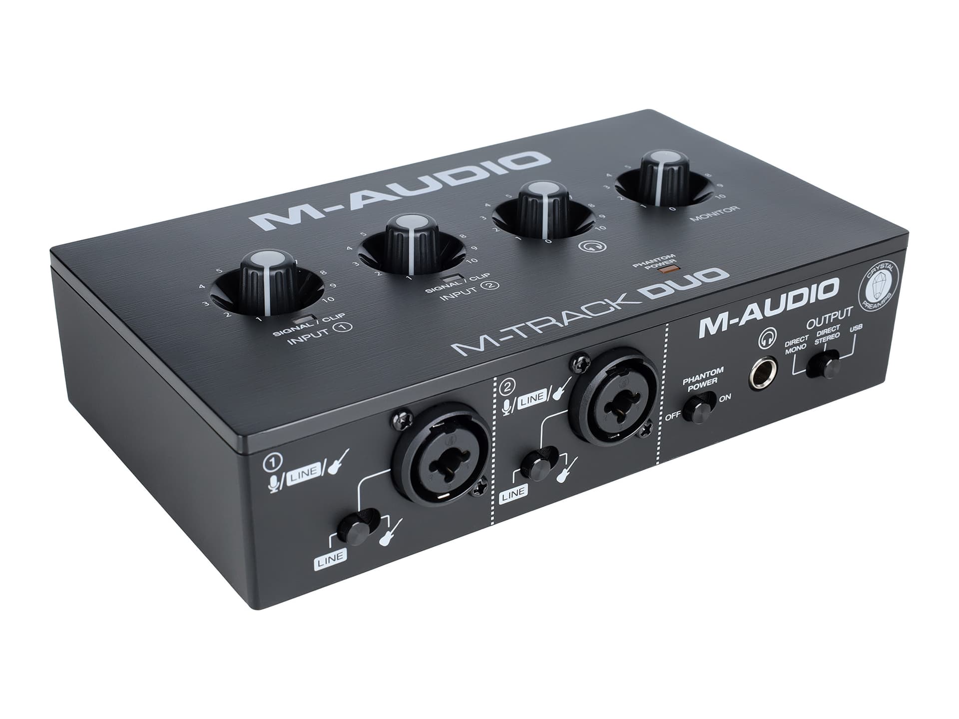 Аудиоинтерфейс USB [MTRACKDUO] M-audio [M-Track Duо] 24бит/48кГц, 2х 1/4 линейный выход, 2х XLR-1/4" комбинированный микрофонный/линейный/инструментальный вход, +48в, 1х 1/4 выход на наушники, переключатель мониторинга USB/Direct/Direct Mono