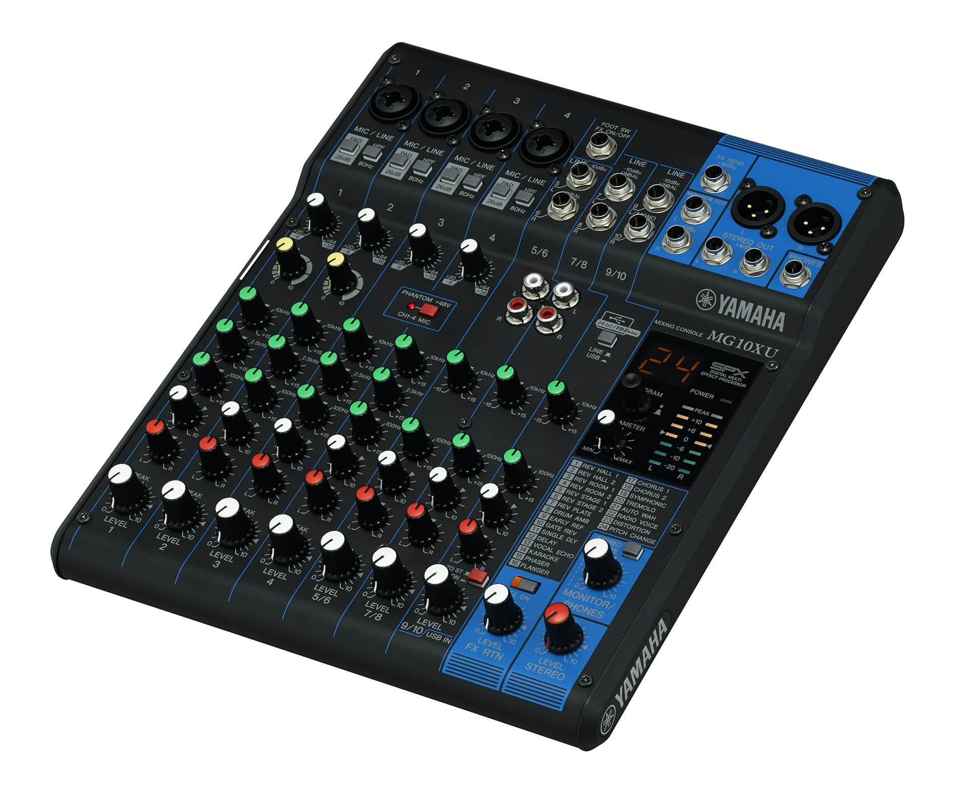Микшер Yamaha [MG10XU] аналоговый, 10-канальный: макс. 4 микрофонных / 10 линейных входов (4 моно + 3 стерео) / 1 стереошина / 1 шина AUX, Интерфейс USB Audio