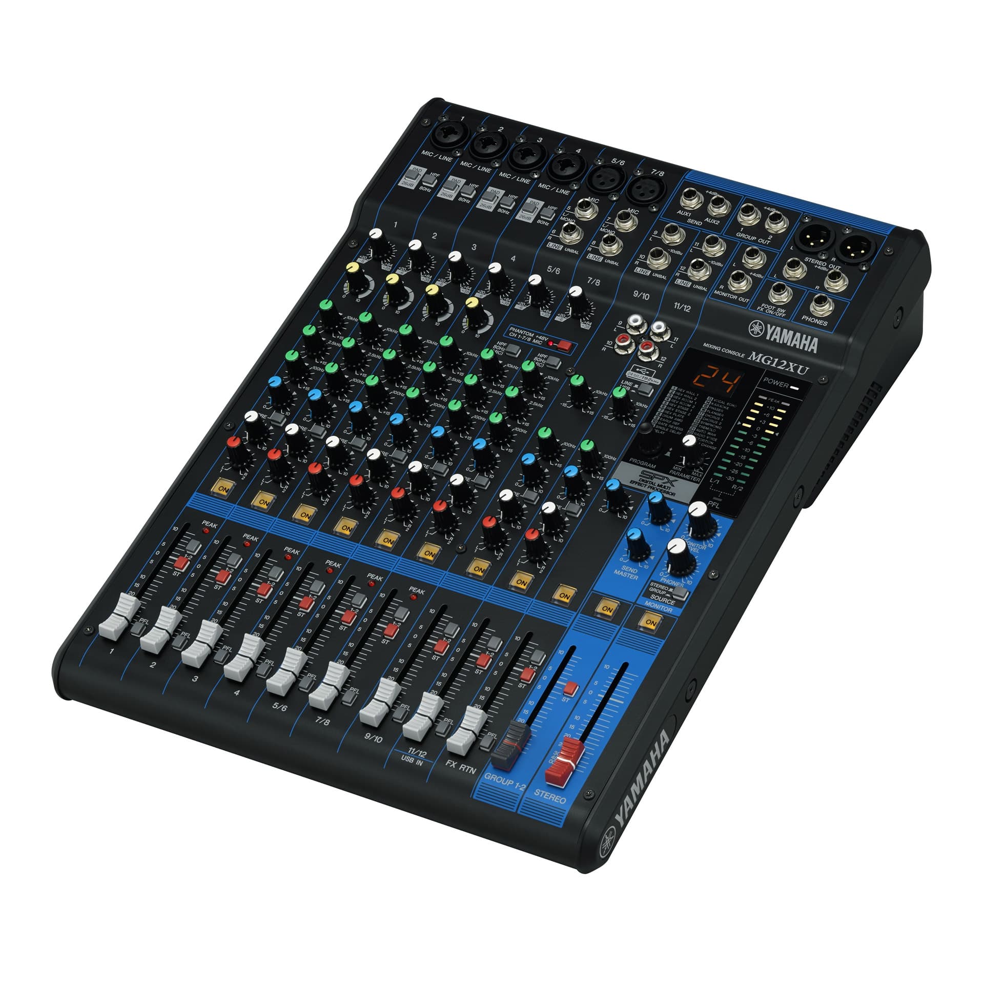 Микшер Yamaha [MG12XU] аналоговый, 12-канальный: макс. 6 микрофонных / 12 линейных входов (4 моно + 4 стерео) / 2 групповые шины + 1 стереошина / 2 шины AUX, Микрофонные предусилители D-PRE, Фантомное питание +48 В, эффекты: SPX с 24 программами, Интер