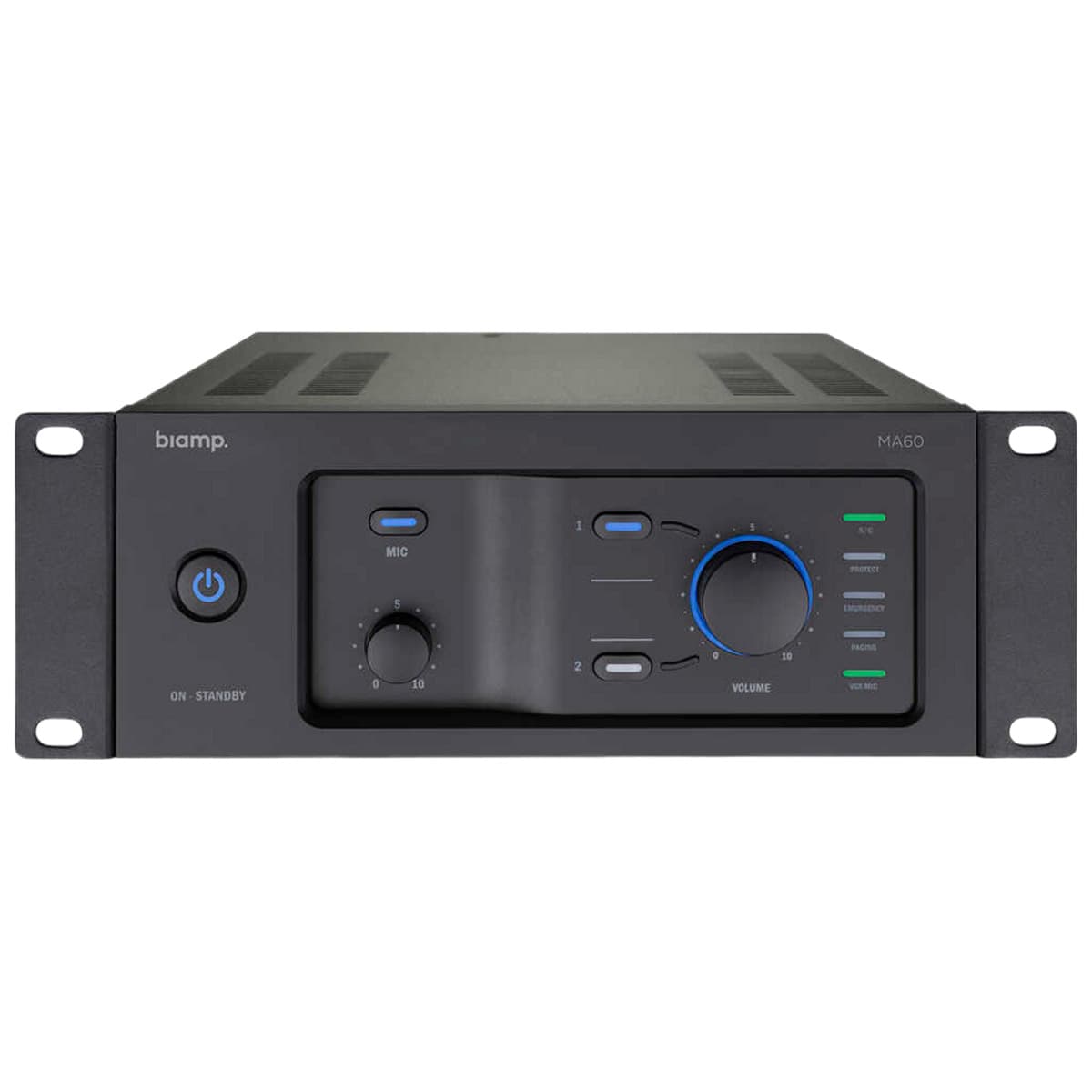 Усилитель BIAMP [MA60] (APART) микширующий: 60Вт (4Ом/100В). Вх.:2xEuroblock(3-pin); 2хRCA.1хприоритетный("сухие контакты").Вых.:1хEuroblock. 2U (Half-rack).