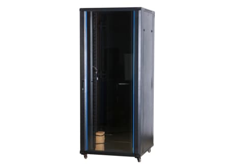 Рэковая стойка Wize Pro [W27U100R] 19, 27U, 600х1000 мм, стеклянная передняя дверь, задняя дверь - металл, вент. панель 2 вентилятора, колеса, рэковые гайки: 20 шт, макс. вес нагрузки 800 кг, сталь, черный (3 места)