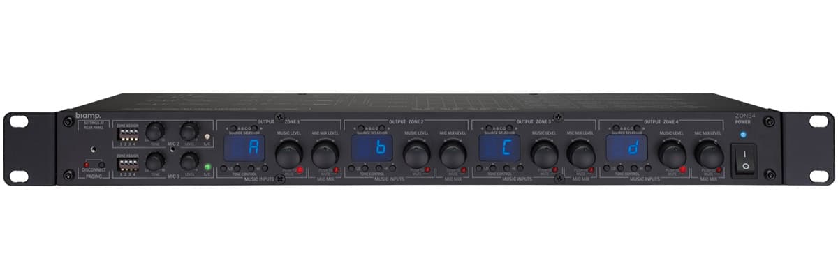 Усилитель BIAMP [ZONE4] (APART) микширующий, предусилительный: 25Вт (Ом/100В). Вх.:3xEuroblock(mic); 4хRCA(line).1хприоритетный("сухие контакты"). level control/source selection. RS232. 4хRJ45(ПУ).1хRJ45(paging).Вых.:4хRCA. 1U.