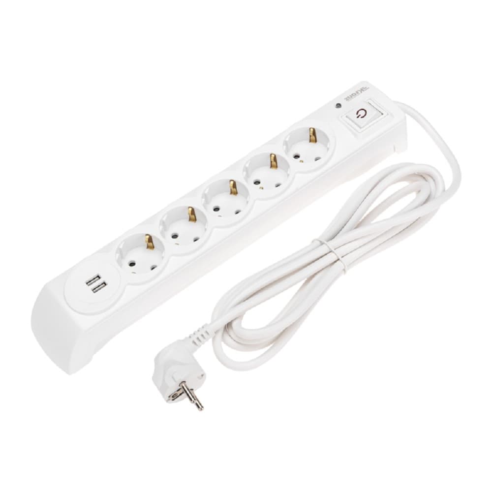 Kranz (13-4700) Фильтр сетевой 5 гнезд, 3м, 3х1,5мм?, с автовыкл, 2 USB, белый