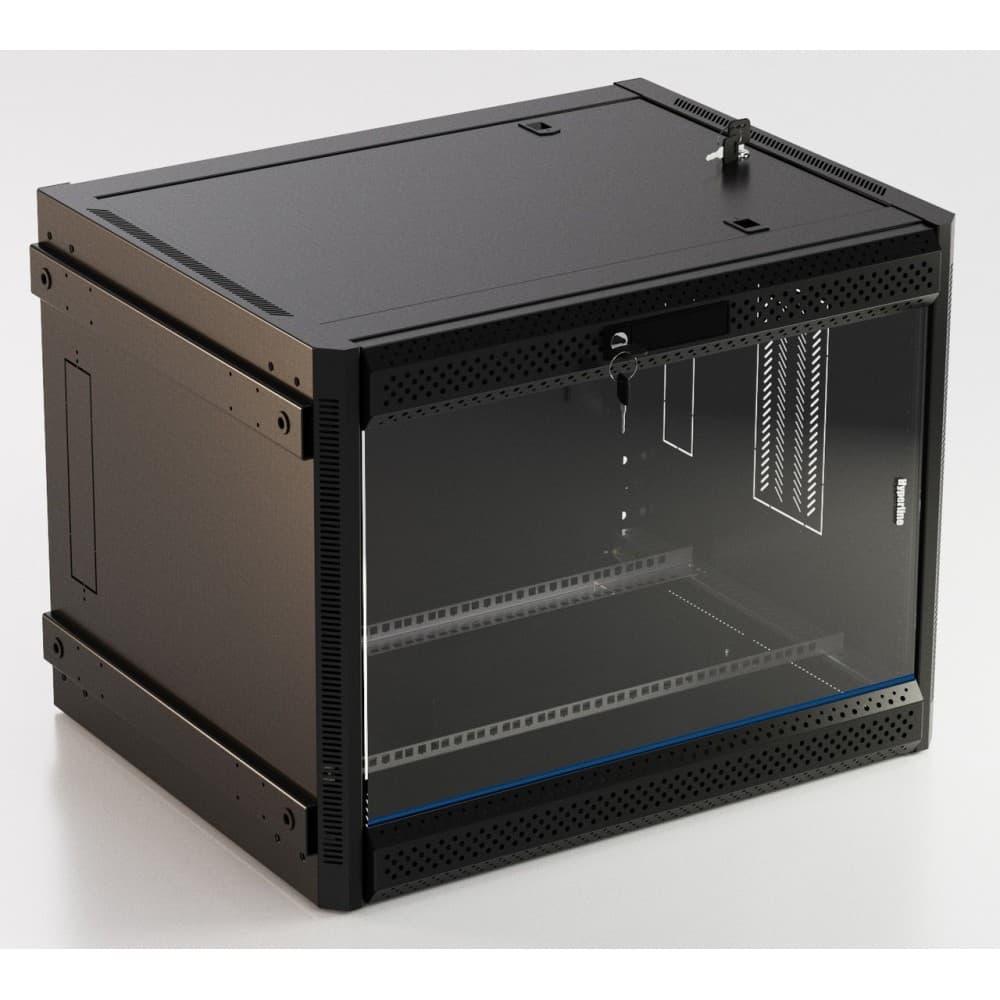 Hyperline TWB-FC-1266-GP-RAL9004 Шкаф настенный 19-дюймовый (19"), 12U, 650x600x600 мм, стеклянная дверь с перфорацией по бокам, ручка с замком, с возможностью установки на ножки, цвет черный RAL 9004