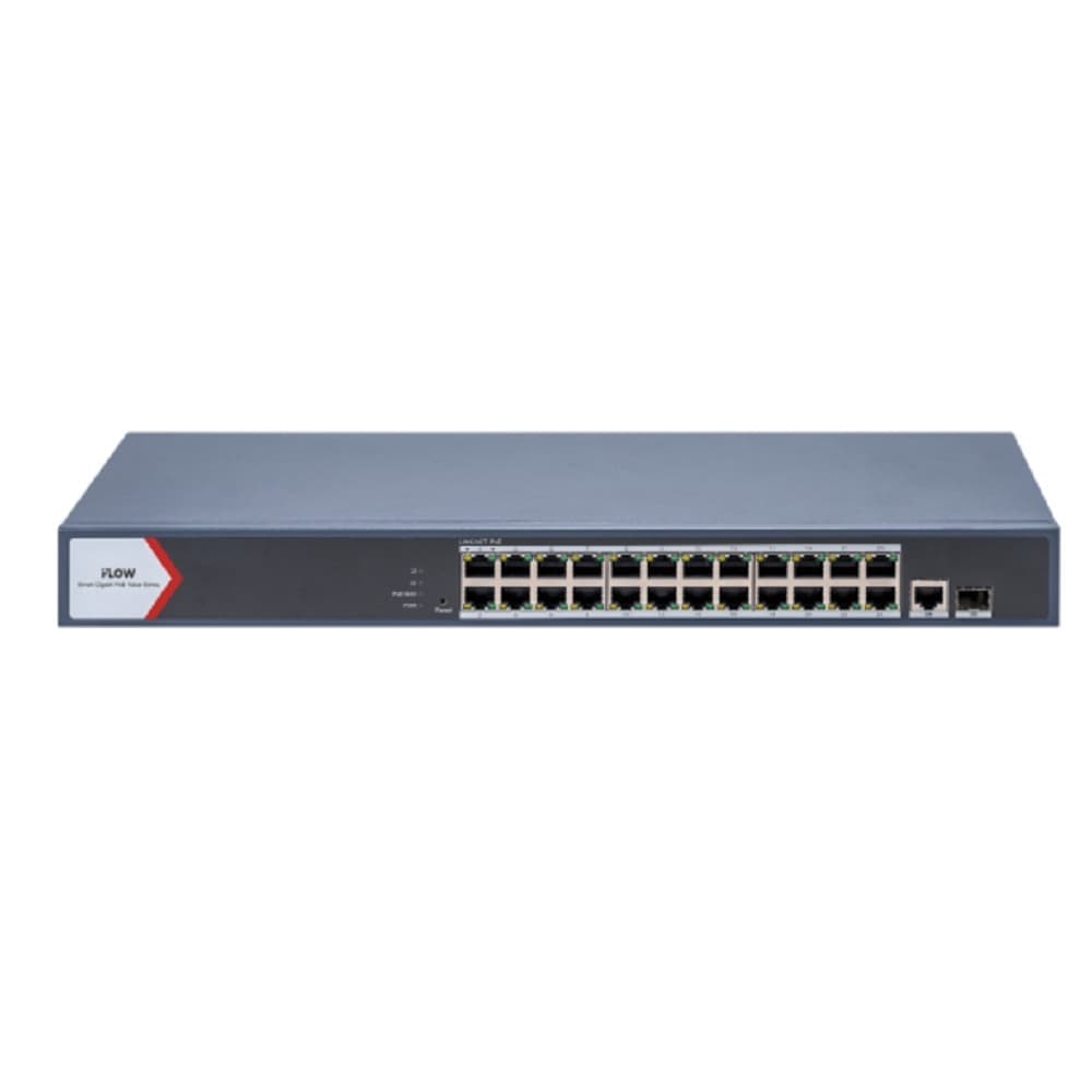 iFLOW F-SW-EM626POE-VM/L L2, Смарт-управляемый, 24 гигабитных портов RJ45 PoE, 1 uplink порт 1000М RJ45 1 гигабитный порт SFP, 802.3af/at, бюджет PoE 230 Вт, поддержка режима передачи до 300м,10Мб/с