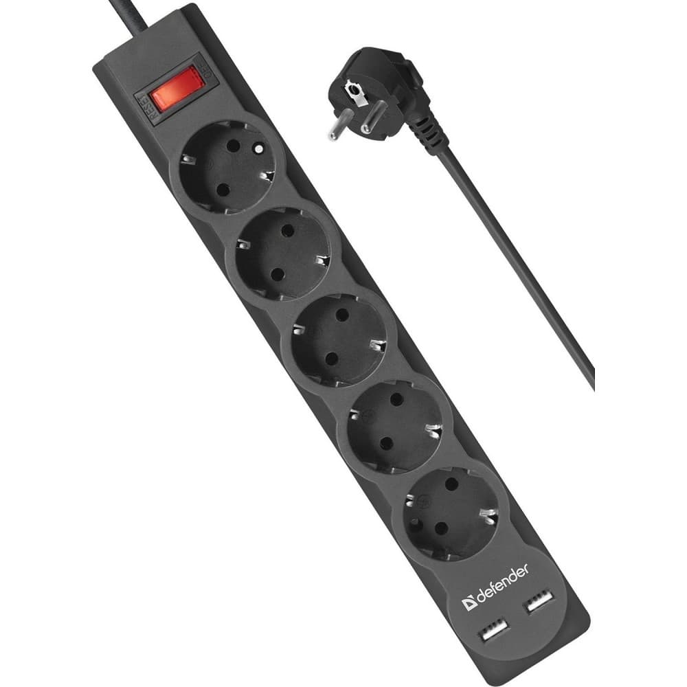 Defender Фильтр DFS 751 1.8м, 5 розеток, 2xUSB, 2.1A
