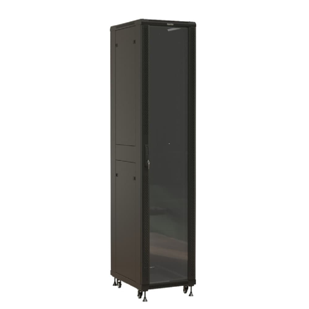 Шкаф серверный Hyperline (TTBR-4261-AS-RAL9004) напольный 42U 600x1000мм пер.дв.стекл задн.дв.спл.стал.лист 2 бок.пан. 800кг черный 910мм 2055мм IP20 сталь