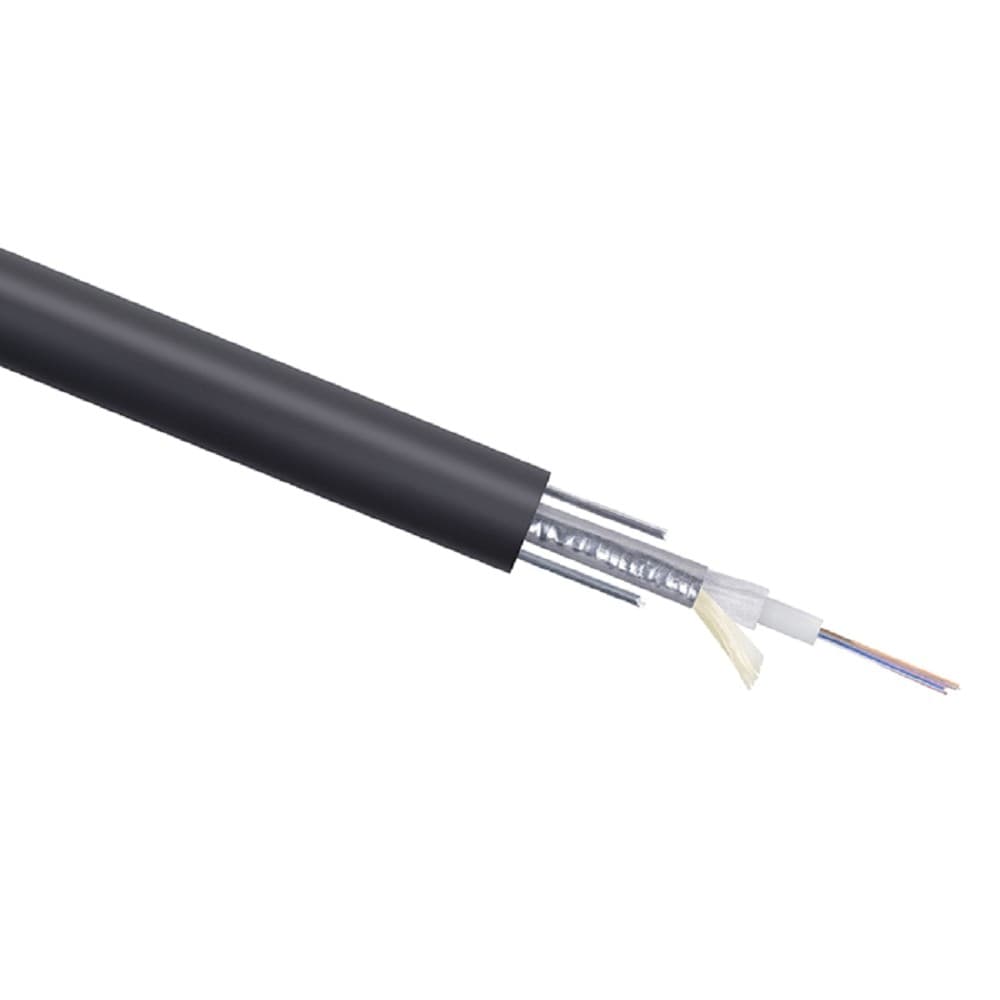 Кабель ВО Cabeus Loose tube, 4хОВ, OS2 9/125, PE, Ø 8,7мм, снаружи зданий, гофрированная стальная лента, черный, усиление- стальная проволока