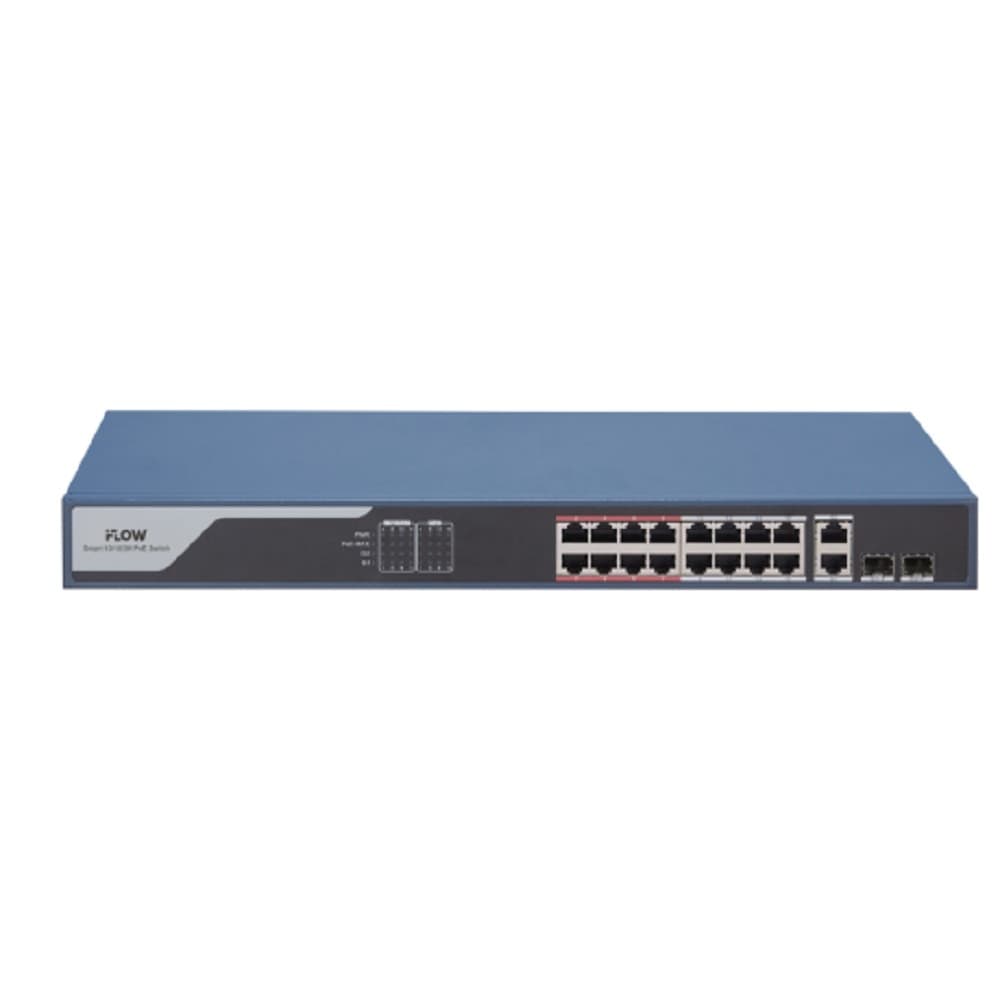 iFLOW F-SW-EM418POE-VM L2, Смарт-управляемый, 16 портов, 1 uplink порт 1000М RJ45 1 гигабитный комбо-порт, 802.3af/at, бюджет питания PoE 230 Вт, поддержка режима передачи до 300м,10Мб/с, CAT6