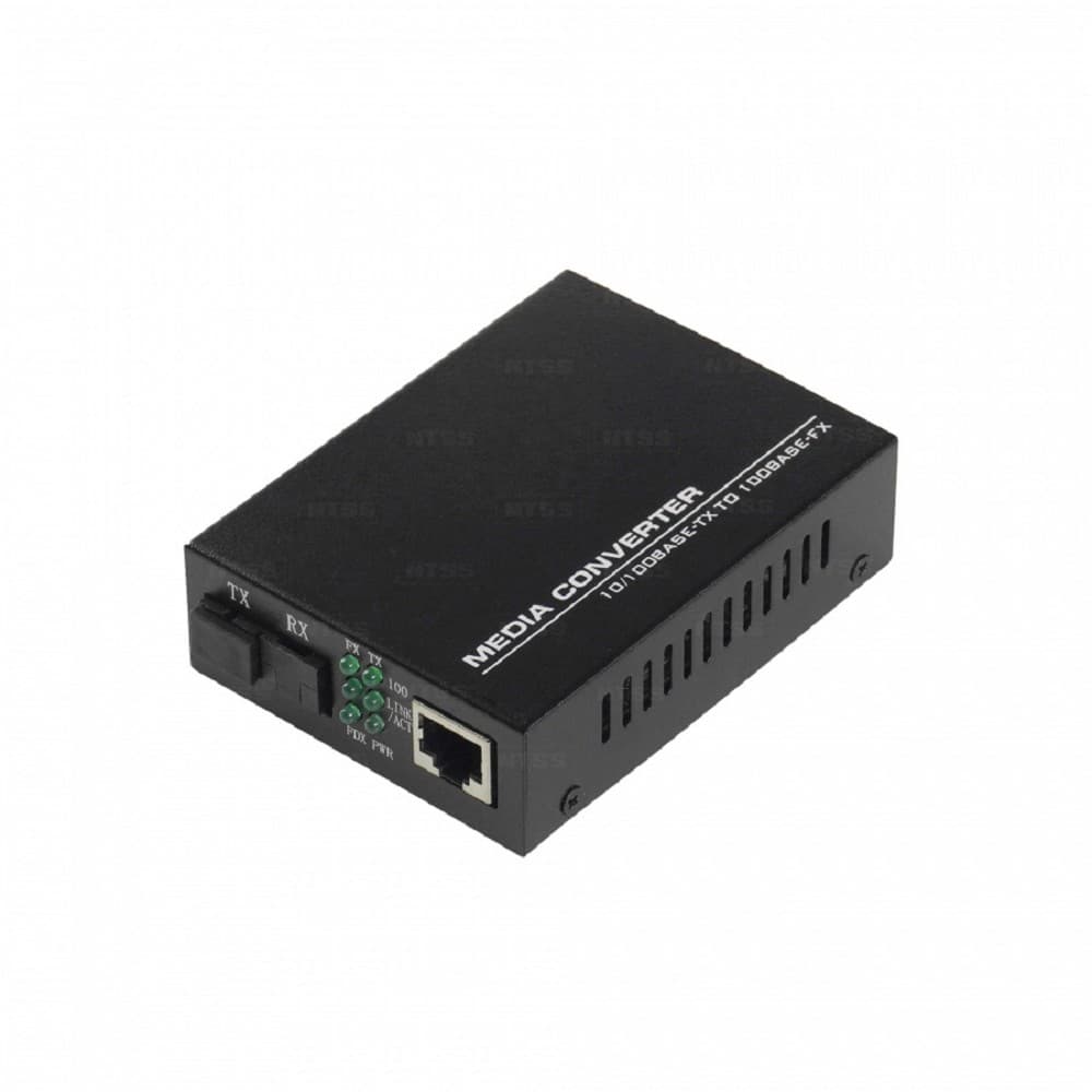 NTSS WDM медиаконвертер NTSS с RJ45 портом 10/100Base-T и 10/100Base-FX с разъемом SC, рабочая длина волны (передача/прием) 1550/1310 нм, SM, дальность до 20 км, DC 5В 2A NTSS-120B
