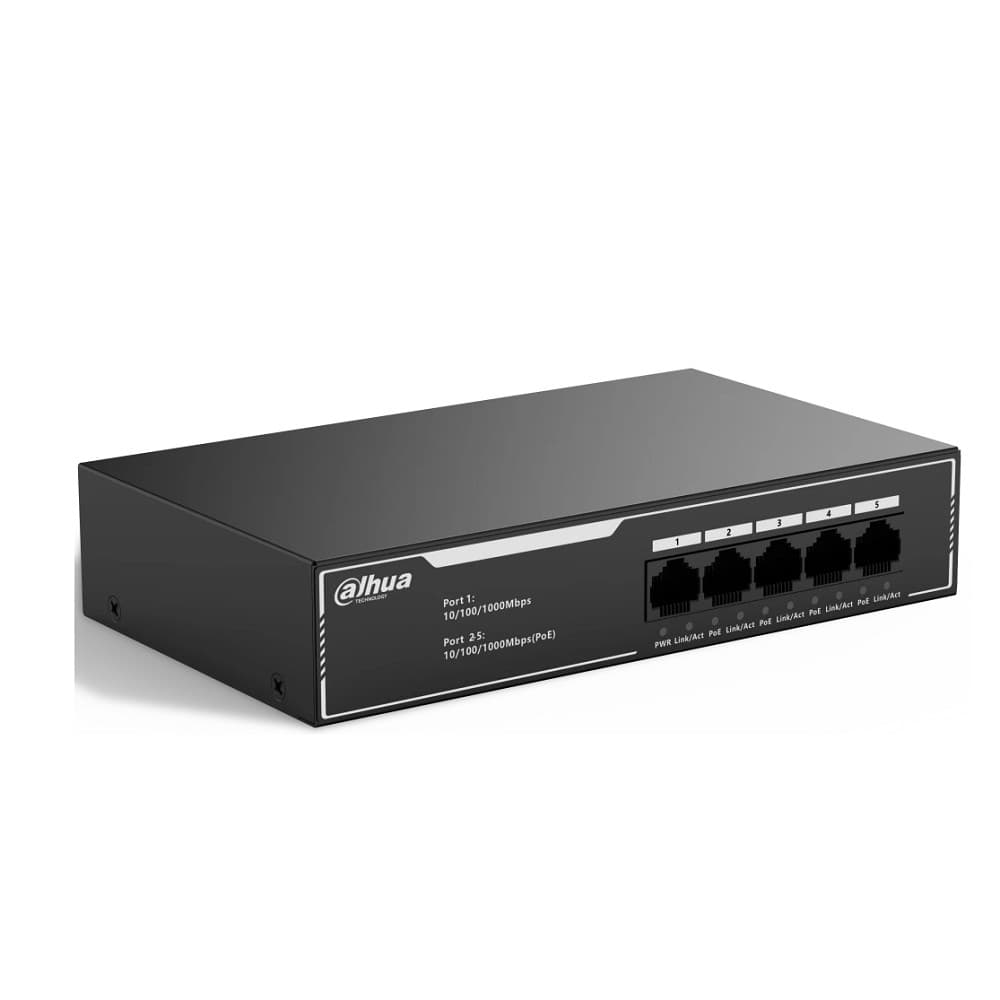 DAHUA DH-SG1005LP 5-портовый гигабитный неуправляемый коммутатор c PoE, 4xRJ45 1Gb PoE, 1xRJ45 1Gb uplink, суммарно 36Вт, коммутация 10 Гбит/с, MAC-таблица 2K, металл