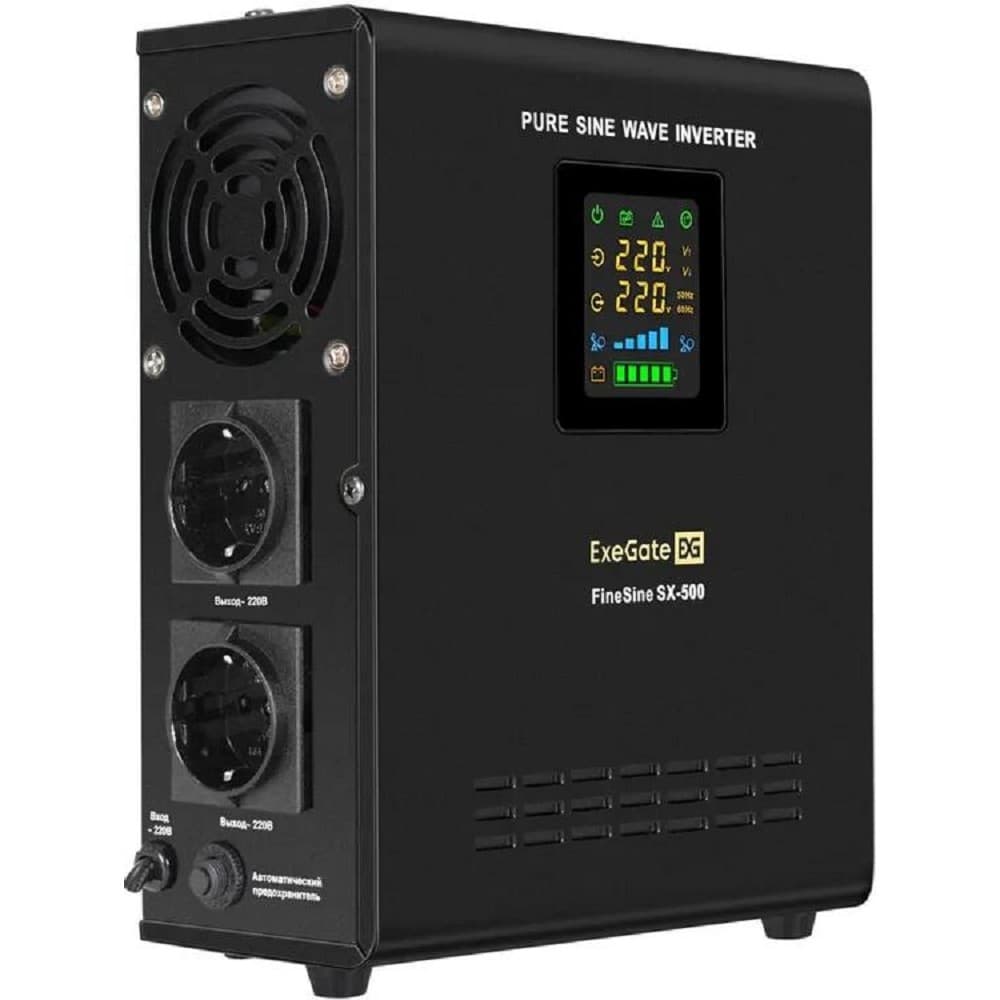 Exegate EX295995RUS ИБП (инвертор, синус, для котла) настенный ExeGate FineSine SX-500.LCD.AVR.2SH <500VA/300W, чистая синусоида, цветной LCD-дисплей, AVR, 2*Schuko, линейно-интерактивный, внешняя бат