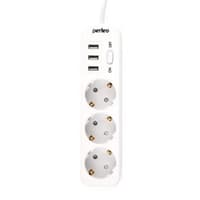 Perfeo сетевой фильтр "POWER STREAM", 2500W, двойная защита, 4м, 3 розетки, 3 USB, белый. - фото 1