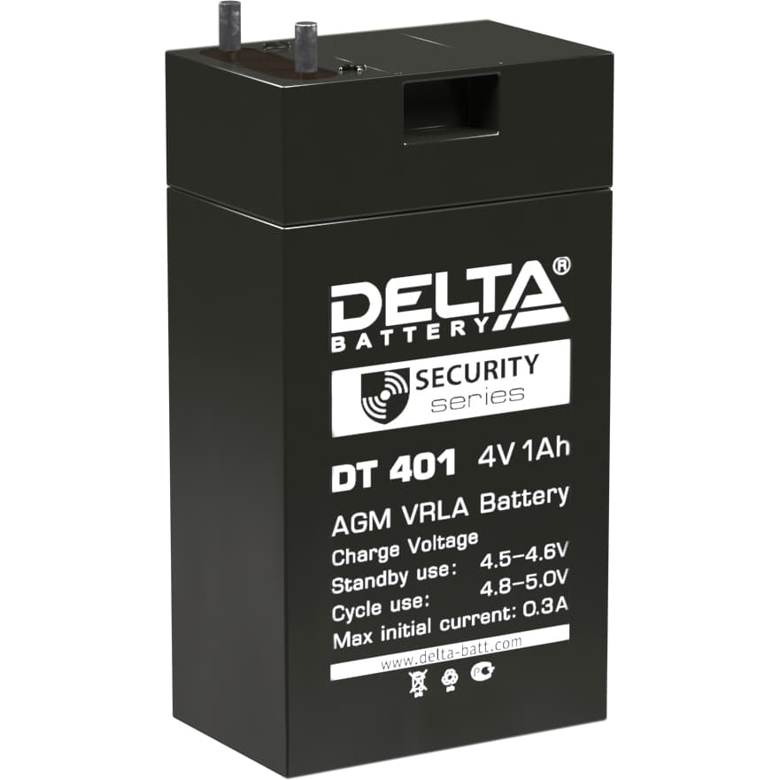 Батарея DELTA серия DT, DT 401, напряжение 4В, емкость 1Ач (разряд 20 часов), макс. ток заряда 0.3А, свинцово-кислотная типа AGM, клеммы вывод под пайку5мм., ДxШxВ 35х22х64мм., 0.1кг., срок службы 5 лет./ Battery DELTA series DT, DT 401, voltage 4V, capacity 1Ah (discharge 20 hours), max. charge current 0.3A, lead-acid type AGM, solder terminals 5mm., LxWxH 35x22x64mm., 0.1kg., service life 5 years.