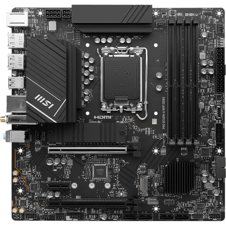 Материнская плата/ MB MSI INTEL B760 s1700, 4xDDR4(128GB), 2xHDMI 2.1/2xDP, 1xPCIe 4.0x16, 1xPCIe 3.0x16, 1xPCIe 3.0, 1xLAN (2.5GbE), Wi-Fi, BT, 4xSATA 6Gb/s, 2xM.2, 4xUSB 3.2, 2xUSB 2.0, 1xPS/2, mATX