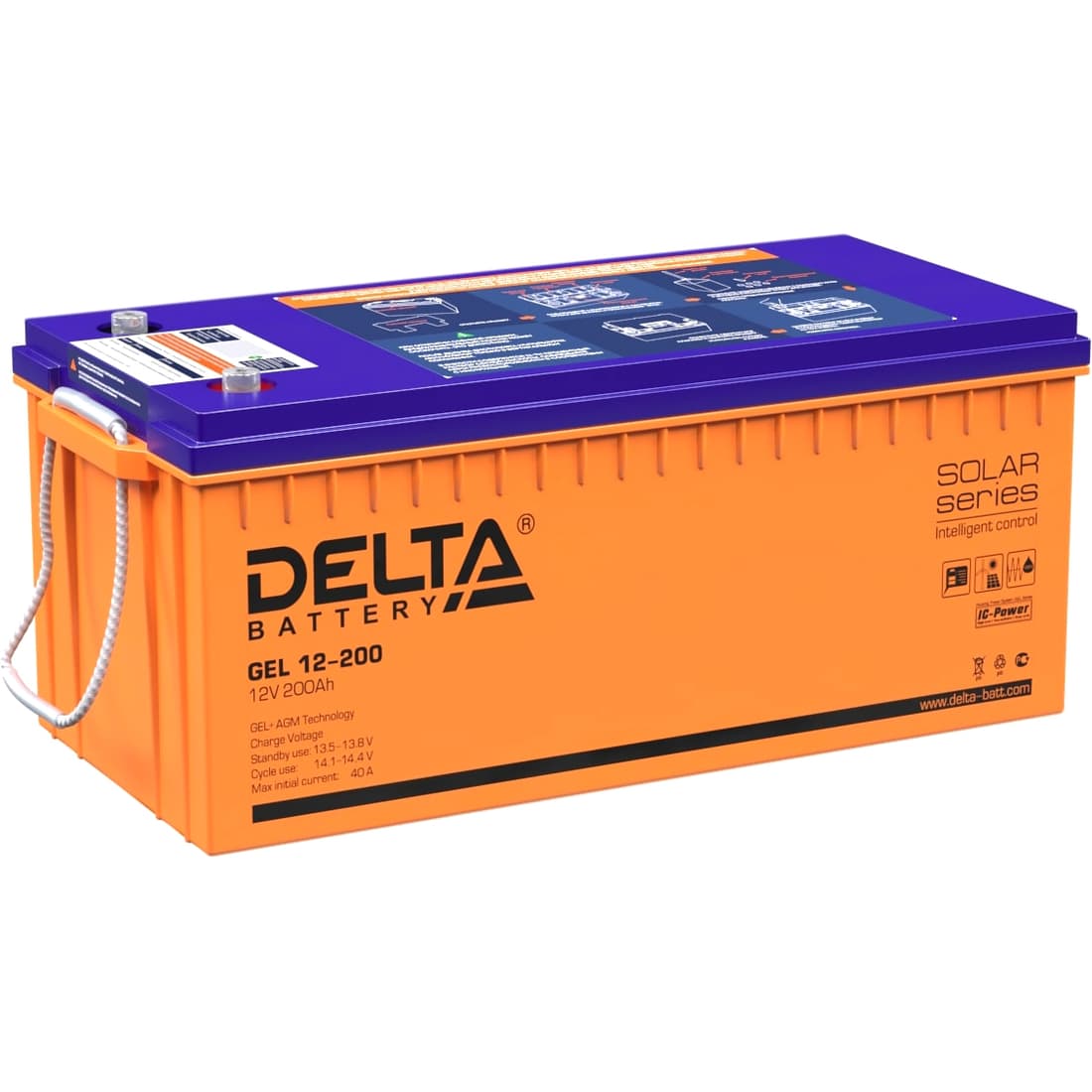 Батарея DELTA серия GEL, GEL 12-200, напряжение 12В, емкость 200Ач (разряд 10 часов),  макс. ток разряда (5 сек.) 1000А, макс. ток заряда 40А, свинцово-кислотная типа AGM+GEL, клеммы под болт М8, ДxШxВ 522х239х217мм., вес 64.7кг., LCD, срок службы 10-12 ле/ Battery DELTA series GEL, GEL 12-200, voltage 12V, capacity 200Ah (discharge 10 hours), max. discharge current (5 sec.) 1000A, max. charge current 40A, lead-acid type AGM + GEL, terminals for M8 bolt, LxWxH 522x239x217mm., weight 64.7kg., LCD