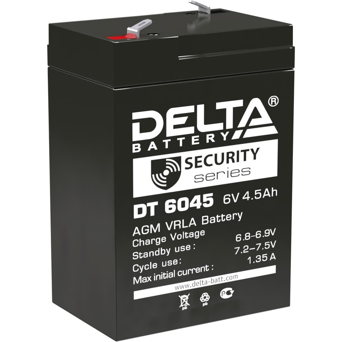 Батарея DELTA серия DT, DT 6045, напряжение 6В, емкость 4.5Ач (разряд 20 часов),  макс. ток разряда (5 сек.) 70А, макс. ток заряда 1.35А, свинцово-кислотная типа AGM, клеммы F1, ДxШxВ 70х47х100мм., вес 0.75кг., срок службы 5 лет./ Battery DELTA series DT, DT 6045, voltage 6V, capacity 4.5Ah (discharge 20 hours), max. discharge current (5 sec.) 70A, max. charge current 1.35A, lead-acid type AGM, terminals F1, LxWxH 70x47x100mm., weight 0.75kg., service life 5 years.
