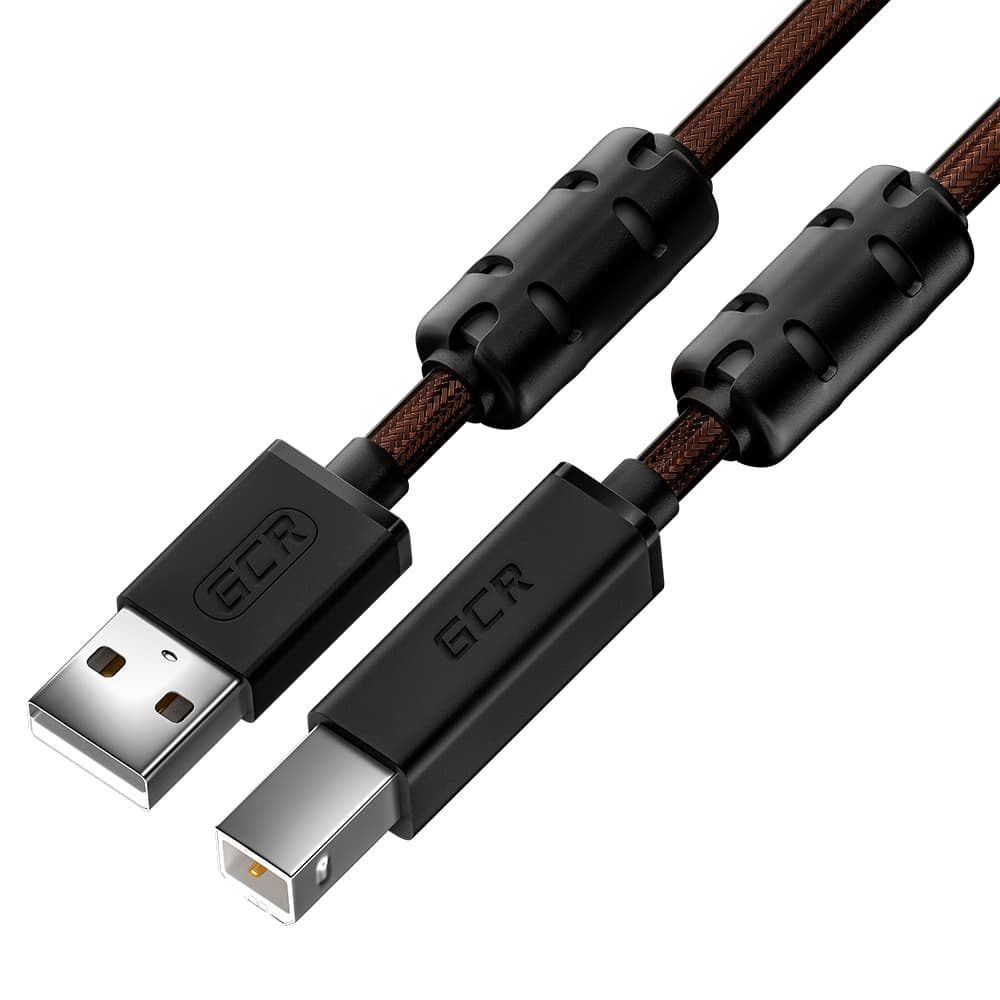 GCR PRO Кабель PROF 5.0m USB 2.0, AM/BM, GOLD, черно-прозрачный, ферритовые кольца, 28/24 AWG, медь, экран, армированный, морозостойкий