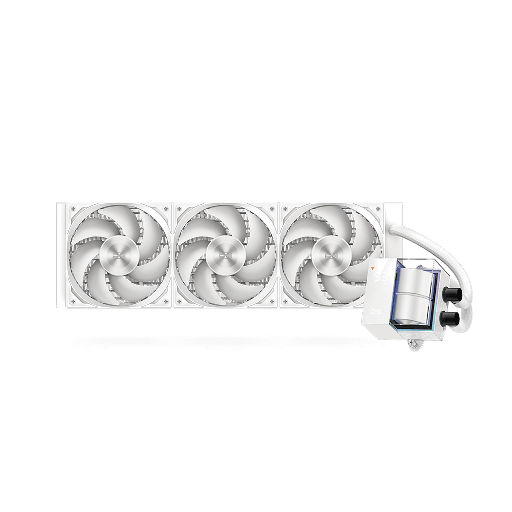 Система охлаждения/ Water Cooling System PCCooler DS360 WH (310W, 360mm, LED temp., White, ARGB Pump/ Fans: 3x120mm, 86.73CFM, 28dBA, 2200RPM/ Pump height 67mm, 28dBA, 3200RPM, Rad thickness 27mm/ S: 1851, 1700, 1200, 20XX, 115X, AM5, AM4)