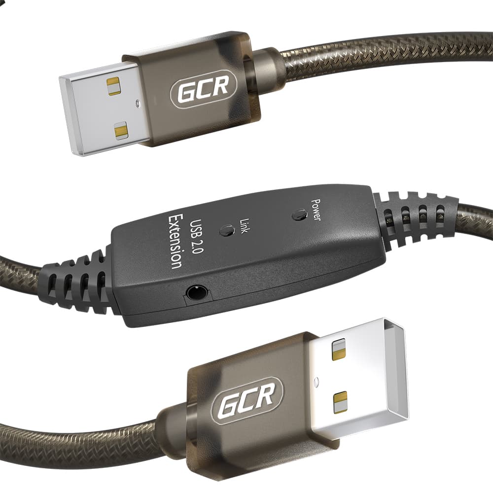 GCR PRO Кабель активный 15.0m USB 2.0, AM/AM, черно-прозрачный, медь, с усилителем сигнала, разъём для доп.питания, 28/24 AWG