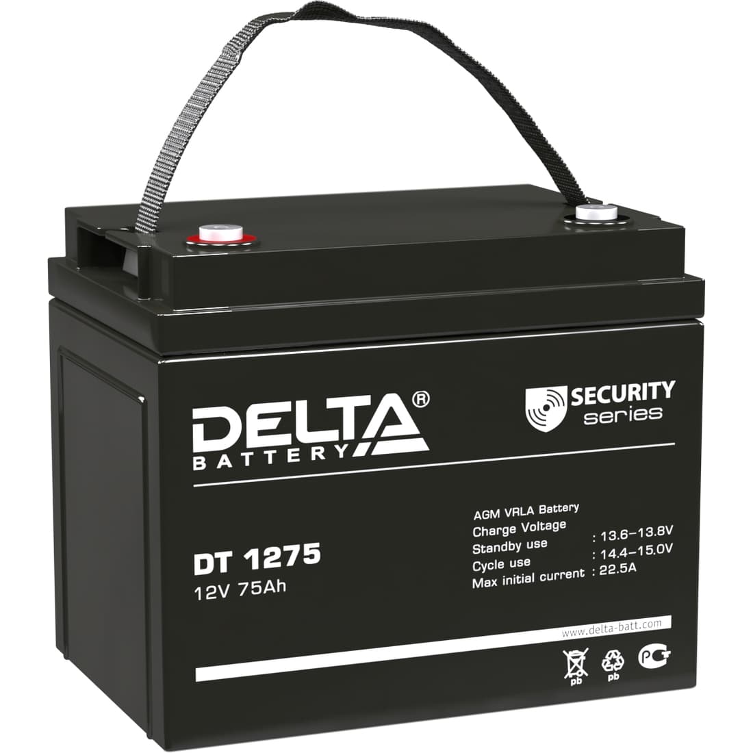Батарея DELTA серия DT, DT 1275, напряжение 12В, емкость 75Ач (разряд 20 часов),  макс. ток разряда (5 сек.) 870А, макс. ток заряда 22.5А, свинцово-кислотная типа AGM, клеммы под болт М6, ДxШxВ 260х168х211мм., вес 21.5кг., срок службы 7-10 лет./ Battery DELTA series DT, DT 1275, voltage 12V, capacity 75Ah (discharge 20 hours), max. discharge current (5 sec.) 870A, max. charge current 22.5A, lead-acid AGM type, M6 bolt terminals, LxWxH 260x168x211mm., weight 21.5kg., service life 7-10 years.