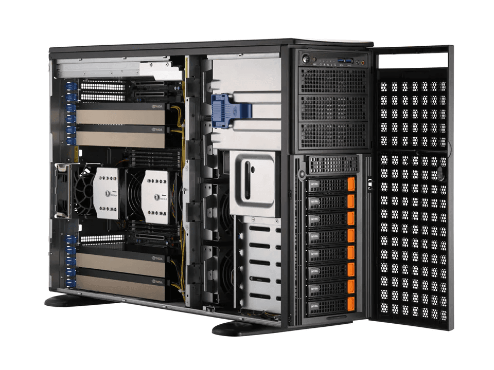 Серверная платформа/ GPU SuperServer SYS-741GE-TNRT (X13DEG-QT, CSE-749TS-R2K05BP) (2 x LGA-4677, 16xDDR5 Up to 4TB, 8x 3.5" NVMe/SATA/SAS, 2 M.2 NVMe for boot drive only, 4x PCIe 5.0 x16 (double-width) slots, 3x PCIe 5.0 x16 (single-width) slots, 2x 10GbE BaseT with Intel® X550-AT2, 2x 2000W Redundant Power)