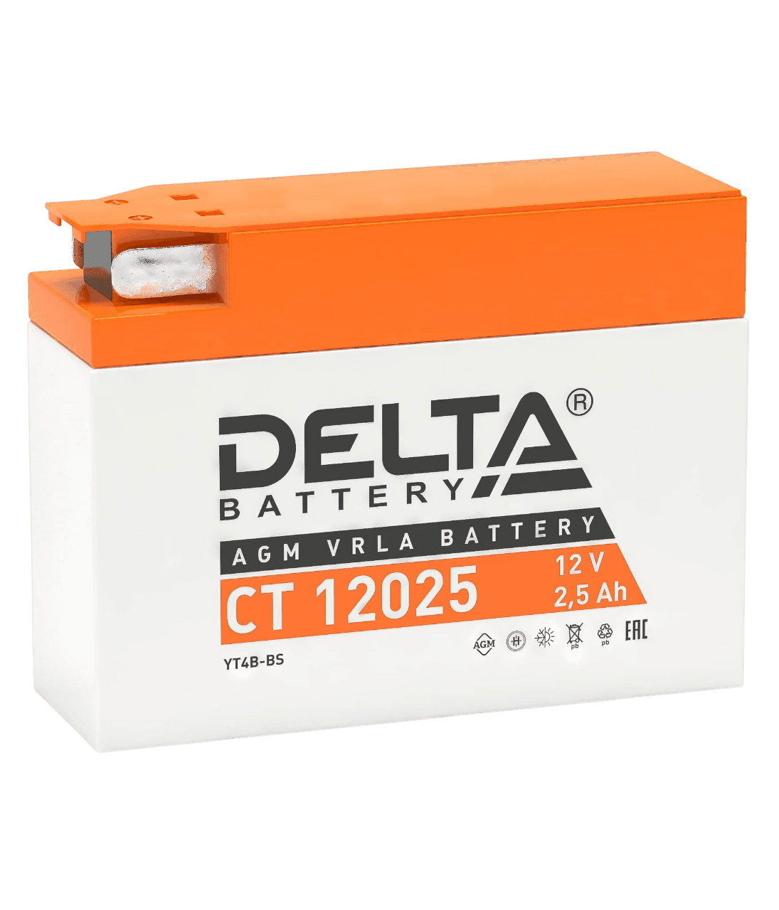 Аккумуляторная батарея для мото-техники/ DELTA серия  CT, CT 12025, напряжение 12В, емкость 2,5 Ач (разряд 10 часов 10.5 В), пусковой ток: 40А, полярность обратная ( - +),  тип AGM;Pb (свинцово-кислотный), клеммы: BN под болт,  ДxШxВ 114x39x87мм., вес  0,89кг