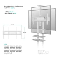 Мобильная стойка ONKRON на 1 ТВ/ 50-86" от 300х100 до 800х500, макс нагр 105,9кг, 2 полки, высота 1350-1650мм,, белая - фото 16