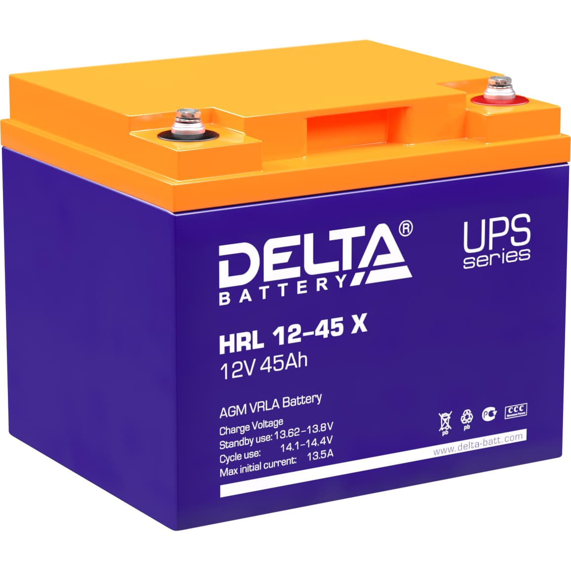 Батарея DELTA серия HRL-X, HRL 12-45 X, напряжение 12В, емкость 45Ач (разряд 10 часов),  макс. ток разряда (5 сек.) 450А, макс. ток заряда 13.5А, свинцово-кислотная типа AGM, клеммы под болт М6, ДxШxВ 198х166х170мм., вес 14.8кг., срок службы 12 лет./ Battery DELTA series HRL-X, HRL 12-45 X, voltage 12V, capacity 45Ah (discharge 10 hours), max. discharge current (5 sec.) 450A, max. charge current 13.5A, lead-acid AGM type, M6 bolt terminals, LxWxH 198x166x170mm, weight 14.8kg, service life 12 yea
