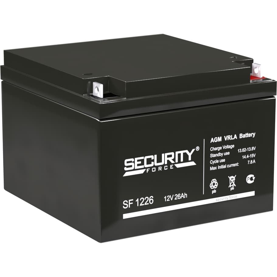 Аккумуляторная батарея/ Battery SECURITY FORCE SF series, SF 1226, voltage 12V, capacity 26Ah (discharge 20 hours), max. Discharge current (5 sec.) 30A, max. charging current 7.8 A, lead-acid AGM type, terminals for nut and bolt M6, LxWxH 166x175x125mm., weight 8.7 kg., service life 3-5 years.