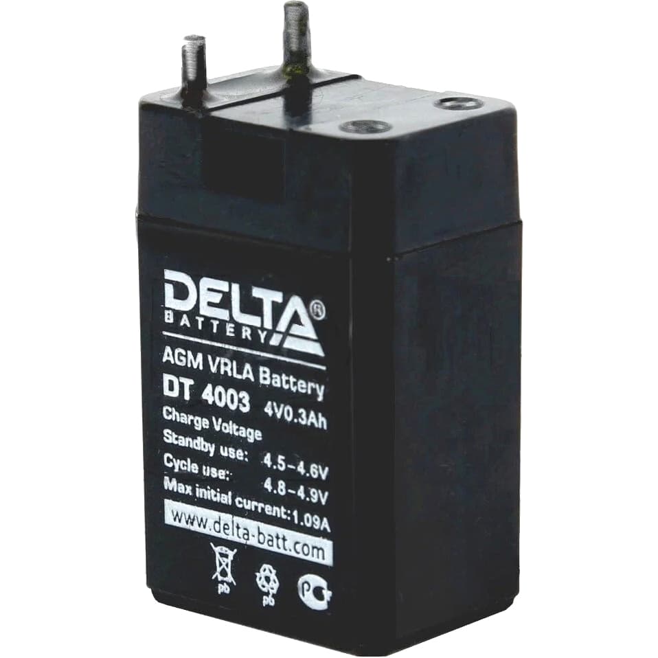 Батарея DELTA серия DT, DT 4003, напряжение 4В, емкость 0.3Ач (разряд 20 часов), макс. ток заряда 0.09А, свинцово-кислотная типа AGM, клеммы вывод под пайку5мм., ДxШxВ 26х21х40мм., 0.045кг., срок службы 5 лет./ Battery DELTA series DT, DT 4003, voltage 4V, capacity 0.3Ah (discharge 20 hours), max. charge current 0.09A, lead-acid type AGM, solder terminals 5mm., LxWxH 26x21x40mm., 0.045kg., service life 5 years.