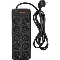 Сетевой фильтр-удлинитель/ PowerCom SP-10 USB2A1CB 1.8M, 10 розеток, черный, 16А, 4кВт, 204Дж, защитные шторки, защита от КЗ, перегрузки и импульсных помех, один порт USB-C(PD20W) и два USB-A(QC3.0) суммарной мощностью 15Вт, кабель 3x1 мм2, ШхГхВ 268х105х43 мм, вес 0.65 кг. - фото 2