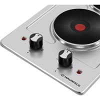 Электрическая домино MAUNFELD/ Домино, Тип: электрическая 30см Тип установки: независимая Управление: фронтальное, переключатели поворотные Нагревательный элемент: конфорка электрическая, 2шт 4 ножки-опоры (дают вам возможность выбора - использовать панель как настольную, отдельностоящую или встраиваемую) Мощность конфорок, Вт.: 1500, 1500 Макс. потребляемая мощность, Вт: 3000 Материал исполнения: нержавеющая сталь Особенности: конфорки чугунные быстрого нагрева (RAPID горелки), ручки управ - фото 3