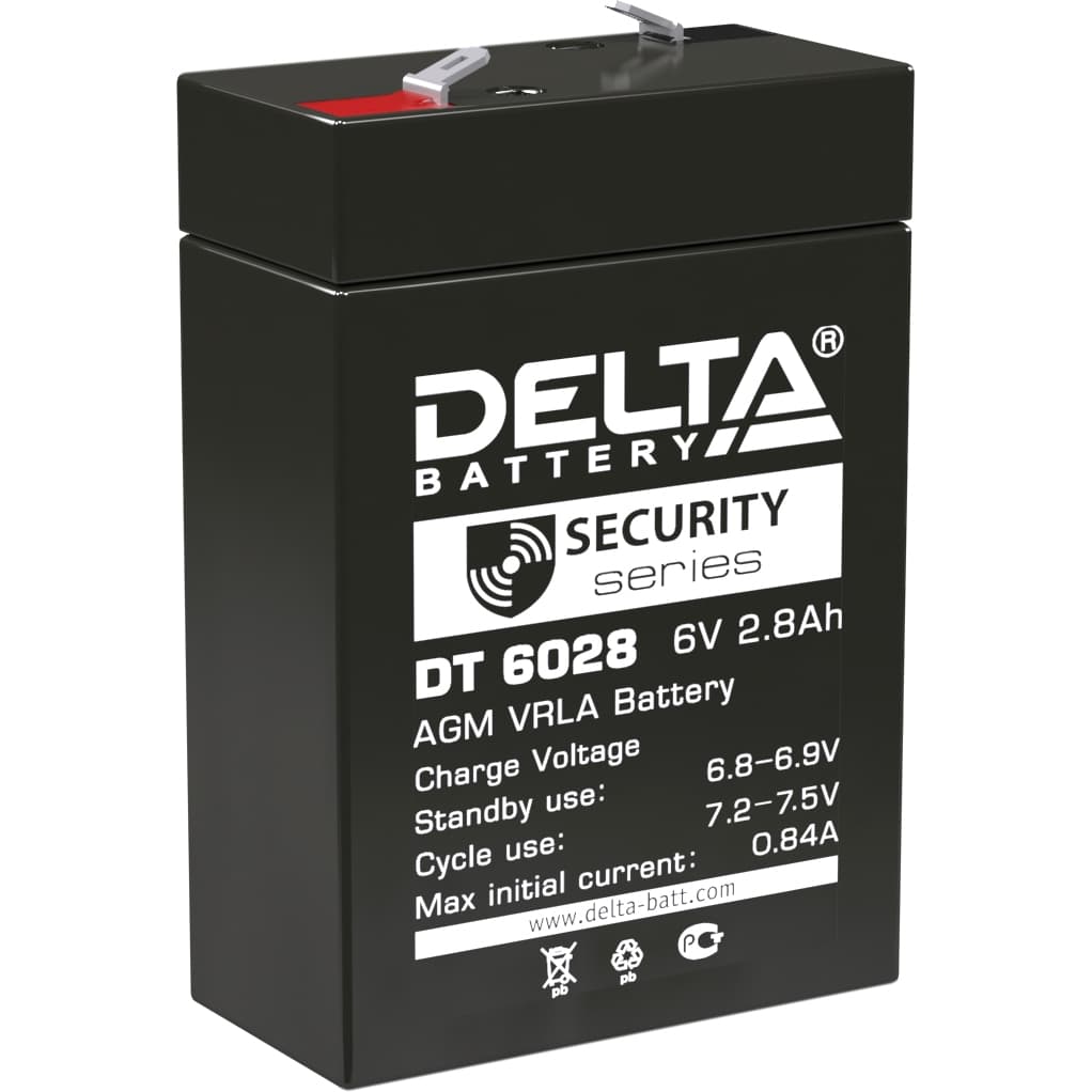 Батарея DELTA серия DT, DT 6028, напряжение 6В, емкость 2.8Ач (разряд 20 часов),  макс. ток разряда (5 сек.) 48А, макс. ток заряда 0.84А, свинцово-кислотная типа AGM, клеммы F1, ДxШxВ 66х33х97мм., вес 0.61кг., срок службы 5 лет./ Battery DELTA series DT, DT 6028, voltage 6V, capacity 2.8Ah (discharge 20 hours), max. discharge current (5 sec.) 48A, max. charge current 0.84A, lead-acid type AGM, terminals F1, LxWxH 66x33x97mm., weight 0.61kg., service life 5 years.
