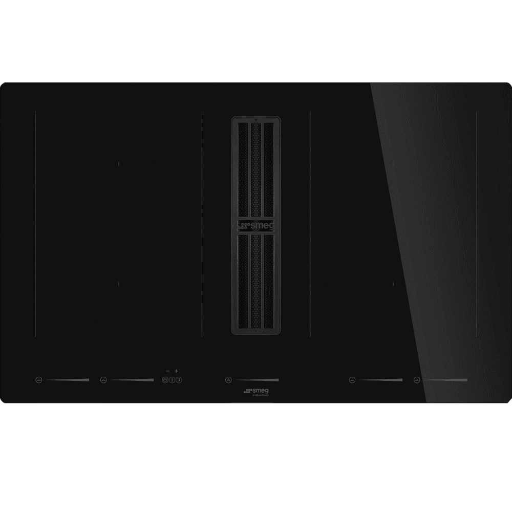 Варочная поверхность со встроенной вытяжкой Smeg/ Варочная поверхность со встроенной вытяжкой Smeg, 80 см, прямой край, 4 зоны приготовления, 2 multizone, 9 уровней мощности, пауза, акустический сигнал окончания приготовления, индикация оставшегося времени, поддержание тепла, быстрый старт, блокировка управления, автоматическое определение посуды и зоны приготовления, энергоэффективность А+, производительность вытяжки 630 м3/ч, цвет черный