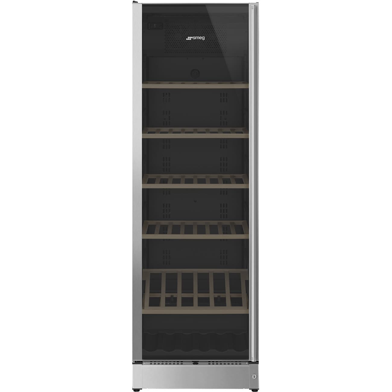 Винный шкаф SMEG/ Винный шкаф SMEG, ВхШхГ 1850х595х595 мм, отдельностоящий, Classica, 197 бутылок, деревянные полки, угольный воздушный фильтр, LED подсветка, акустический сигнал открытой дверцы/повышения температуры, электронный контроль температуры, энергоэффективность G, цвет нержавеющая сталь/черный
