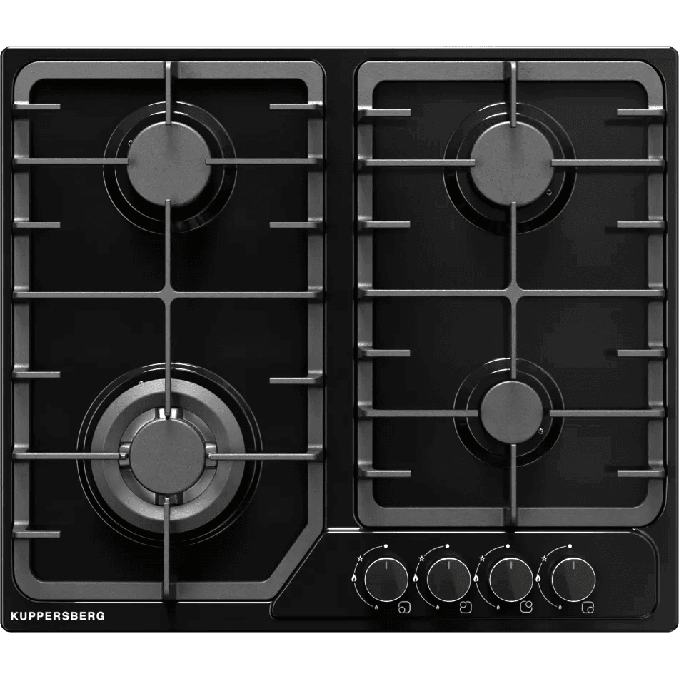 Варочная поверхность Kuppersberg/ KITCHEN RETAIL / Варочная поверхность Kuppersberg, газ, High-Tech, 58 см, автоматический электроподжиг, газ-контроль, форсунки под сжиженый газ, SABAF конфорки, чугунные решетки, цвет черный, цвет фурнитуры черный