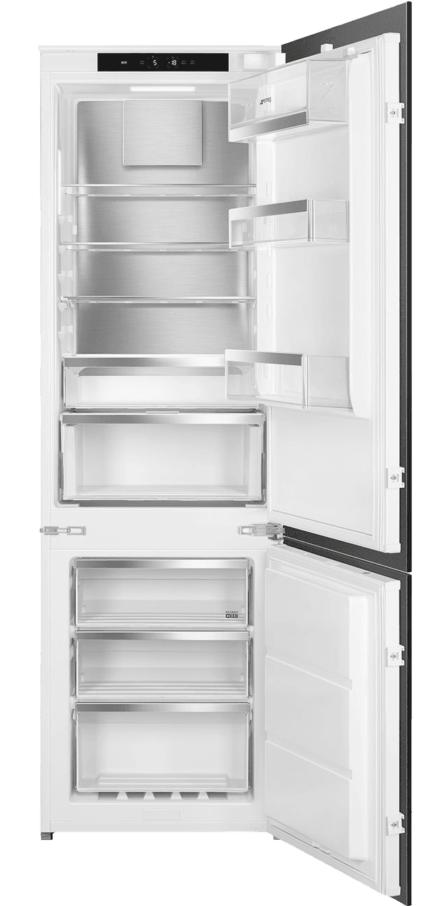Встраиваемый холодильник Smeg/ Встраиваемый холодильник Smeg, ВхШхГ 1780х546х549 мм, полный NoFrost, скользящие направляющие, перенавешиваемая дверь, объем 248 л, LCD дисплей с сенсорным управлением, LED освещение, акустический сигнал при открытой дверце, световой/акустический сигнал при повышении температуры, электронный контроль температуры, стандартный компрессор, энергоэффективность D, уровень шума 35 дБ, цвет белый