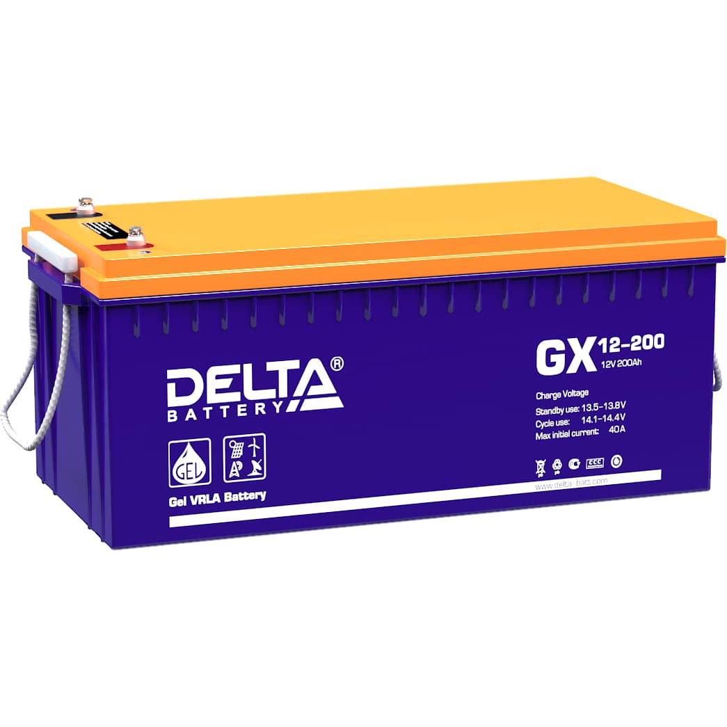Батарея DELTA серия GX, GX 12-200, напряжение 12В, емкость 200Ач (разряд 10 часов),  макс. ток разряда (5 сек.) 1000А, макс. ток заряда 40А, свинцово-кислотная типа GEL, клеммы под болт М8, ДxШxВ 522х238х218мм., вес 65кг., срок службы 15 лет./ Battery DELTA series GX, GX 12-200, voltage 12V, capacity 200Ah (discharge 10 hours), max. discharge current (5 sec.) 1000A, max. charge current 40A, lead-acid GEL type, M8 bolt terminals, LxWxH 522x238x218mm, weight 65kg, service life 15 years.
