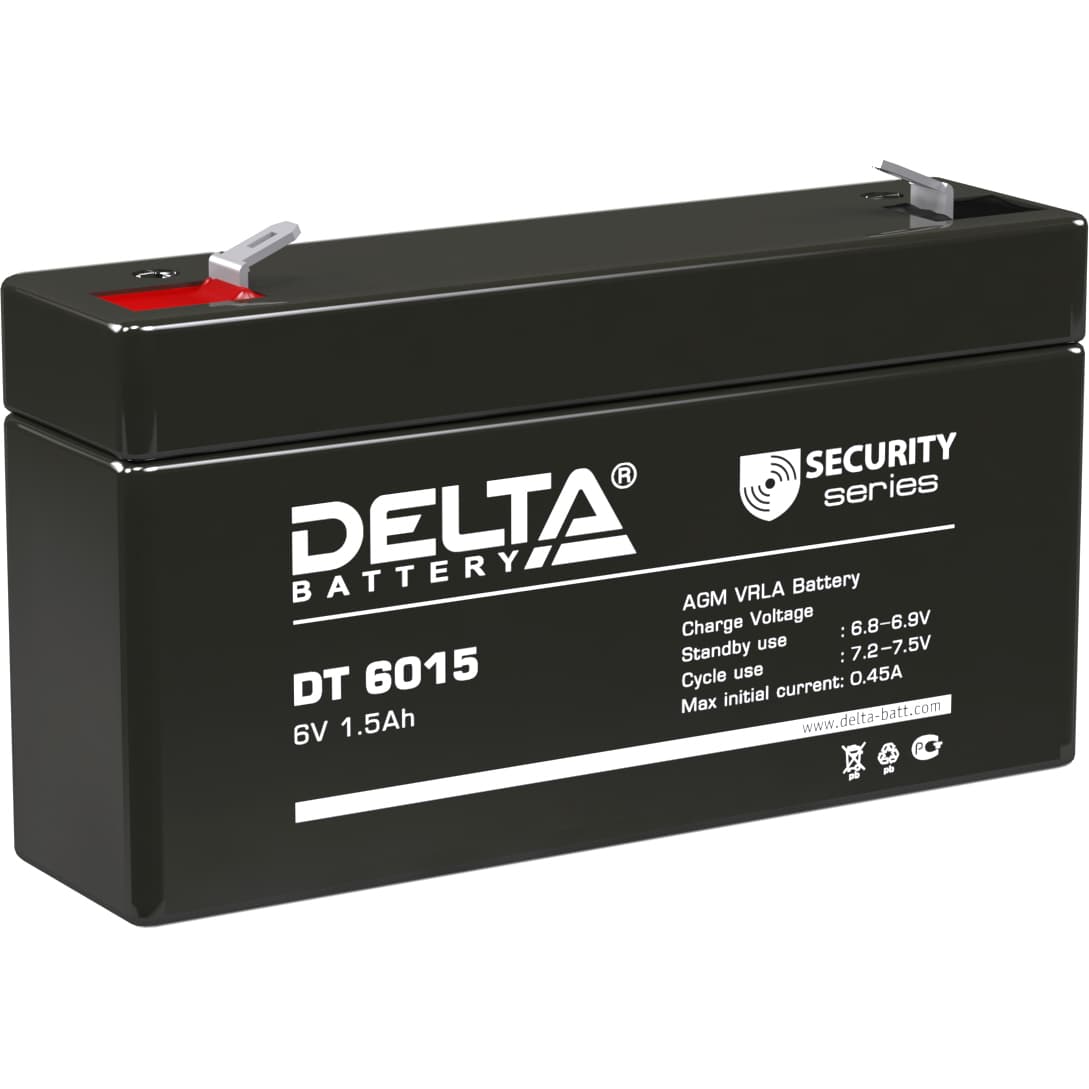 Батарея DELTA серия DT, DT 6015, напряжение 6В, емкость 1.5Ач (разряд 20 часов),  макс. ток разряда (5 сек.) 18А, макс. ток заряда 0.45А, свинцово-кислотная типа AGM, клеммы F1, ДxШxВ 97х24х51мм., вес 0.3кг., срок службы 5 лет./ Battery DELTA series DT, DT 6015, voltage 6V, capacity 1.5Ah (discharge 20 hours), max. discharge current (5 sec.) 18A, max. charge current 0.45A, lead-acid type AGM, terminals F1, LxWxH 97x24x51mm., weight 0.3kg., service life 5 years.
