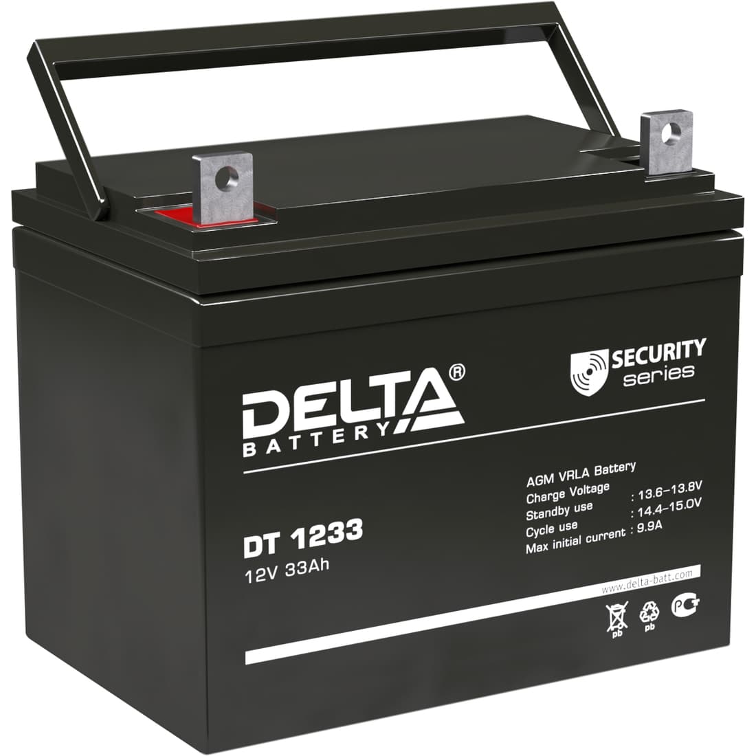 Батарея DELTA серия DT, DT 1233, напряжение 12В, емкость 33Ач (разряд 20 часов),  макс. ток разряда (5 сек.) 440А, макс. ток заряда 9.9А, свинцово-кислотная типа AGM, клеммы под гайку и болт M8, ДxШxВ 197х130х159мм., вес 10.1кг., срок службы 5 лет./ Battery DELTA series DT, DT 1233, voltage 12V, capacity 33Ah (discharge 20 hours), max. discharge current (5 sec.) 440A, max. charge current 9.9A, lead-acid type AGM, terminals for nut and bolt M8, LxWxH 197x130x159mm., weight 10.1kg., service life 5