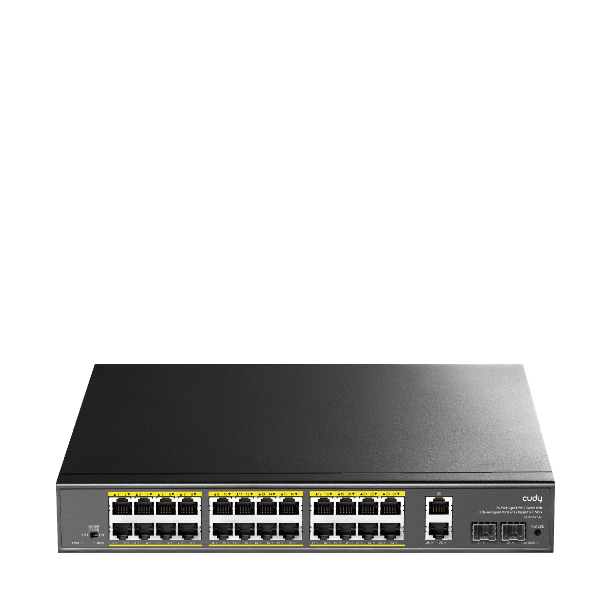Коммутатор/ 24-10/100/1000 BASE-T Gigabit ports, 2-Port 10/100/1000 BASE-T Gigabit Uplink ports, 2-1000 BASE-X SFP Slot, 24-port IEEE 802.3at PoE+ Injector, 300 watts total Power budget, Supports PoE power up to 30W for each PoE port, Extend Mode (Transmit distance up to 250m at 10 Mbps ), Port Lightning Protection: Common  Mode 4KV, ESD 8KV, Watchdog, 300W Internal