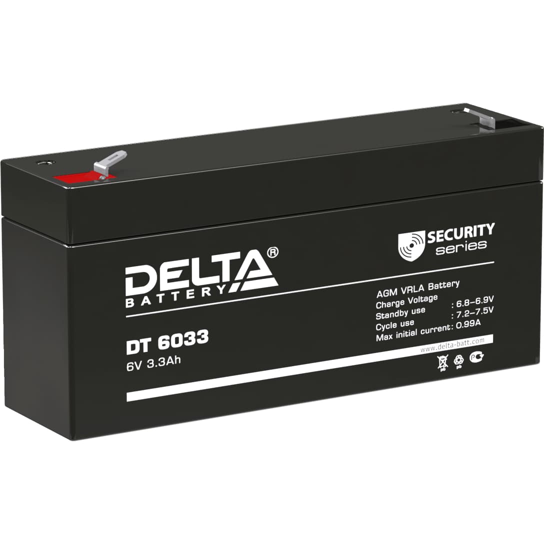 Батарея DELTA серия DT, DT 6033, напряжение 6В, емкость 3.3Ач (разряд 20 часов),  макс. ток разряда (5 сек.) 50А, макс. ток заряда 0.99А, свинцово-кислотная типа AGM, клеммы F1, ДxШxВ 134х34х61мм., вес 0.65кг., срок службы 5 лет./ Battery DELTA series DT, DT 6033, voltage 6V, capacity 3.3Ah (discharge 20 hours), max. discharge current (5 sec.) 50A, max. charge current 0.99A, lead-acid type AGM, terminals F1, LxWxH 134x34x61mm., weight 0.65kg., service life 5 years.
