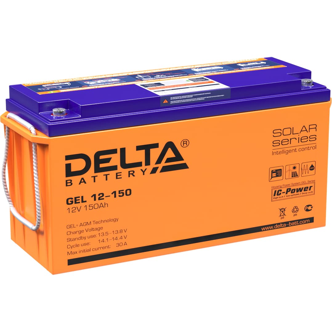 Батарея DELTA серия GEL, GEL 12-150, напряжение 12В, емкость 150Ач (разряд 10 часов),  макс. ток разряда (5 сек.) 1000А, макс. ток заряда 30А, свинцово-кислотная типа AGM+GEL, клеммы под болт М8, ДxШxВ 484х170х241мм., вес 48.1кг., LCD, срок службы 10-12 ле/ Battery DELTA series GEL, GEL 12-150, voltage 12V, capacity 150Ah (discharge 10 hours), max. discharge current (5 sec.) 1000A, max. charge current 30A, lead-acid type AGM + GEL, terminals for M8 bolt, LxWxH 484x170x241mm., Weight 48.1kg., LCD